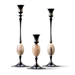 E.R. Butler Oxidized Bronze Candlesticks With Blonde Ox Horn Egg