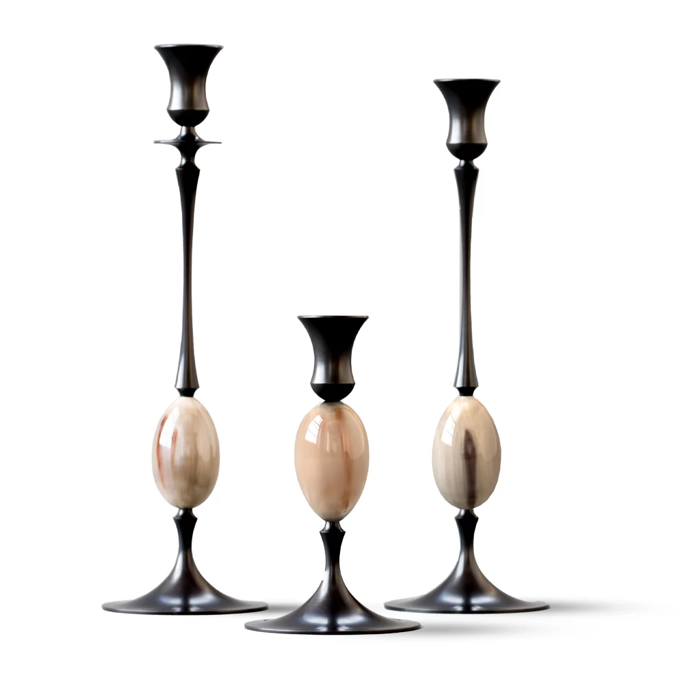 E.R. Butler Oxidized Bronze Candlesticks With Blonde Ox Horn Egg