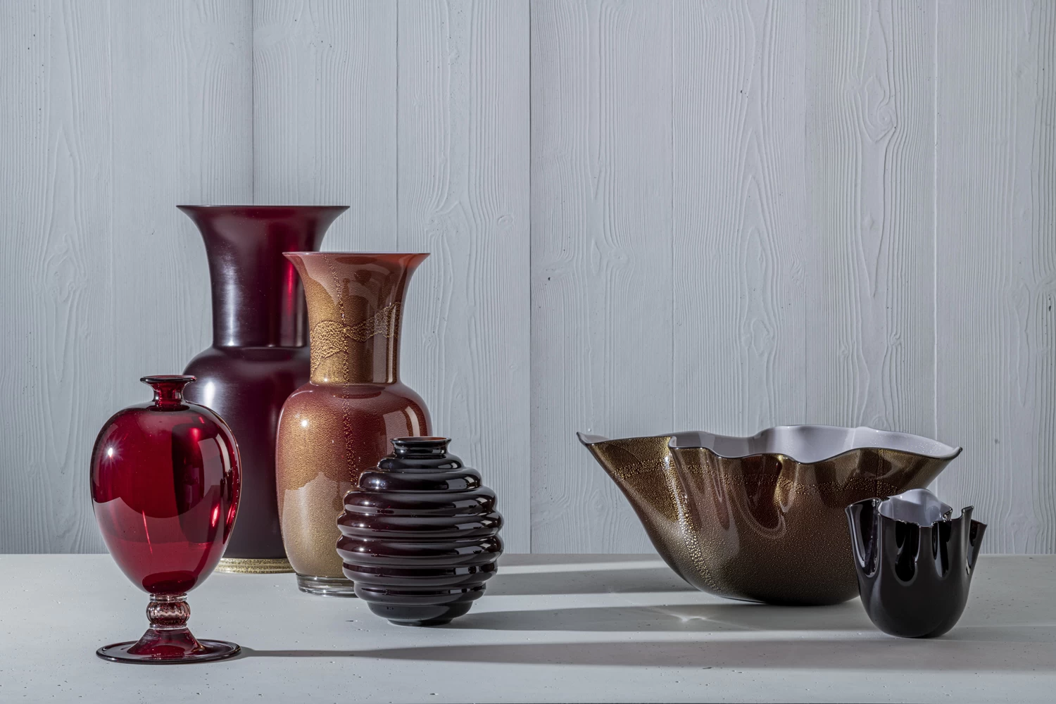 Venini Fazzoletto Opalino Bicolore Vases Ox Blood Red And Cipria Pink - Image 4