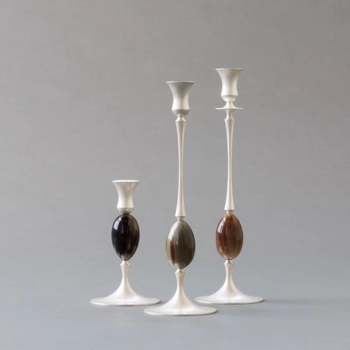 E.R. Butler Satin Silver Candlesticks With Blonde Ox Horn Egg - Image 2