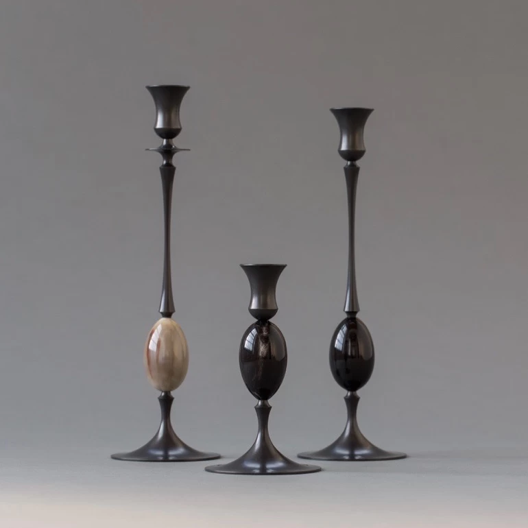 E.R. Butler Oxidized Bronze Candlesticks With Blonde Ox Horn Egg - Image 2